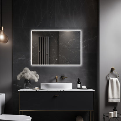Sextans Rectangle LED Bathroom Mirror with Lights, Frosted Grey Metal Framed LED Mirror for Bathroom, 3 Colors and Stepless Dimmable, Anti-Fog