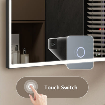 Sextans Rectangle LED Bathroom Mirror with Lights, Frosted Grey Metal Framed LED Mirror for Bathroom, 3 Colors and Stepless Dimmable, Anti-Fog