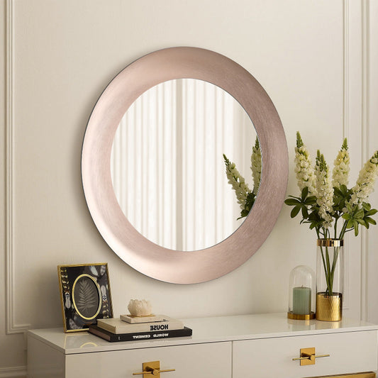 Polaris Round LED Bathroom Mirror, Modern Design, Brushed Rose Gold, Tri-Color Adjustable, Stepless Dimming, Anti-Fog