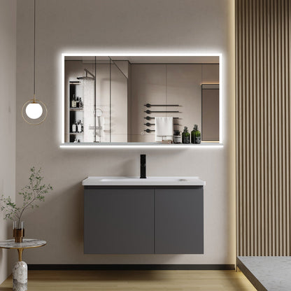 Fayre 28x48 inch LED Bathroom Mirror with Shelf, Aluminum Metal Frame, Bathroom-Specific LED Mirror, 3 Colors, Stepless Dimming, Anti-fog