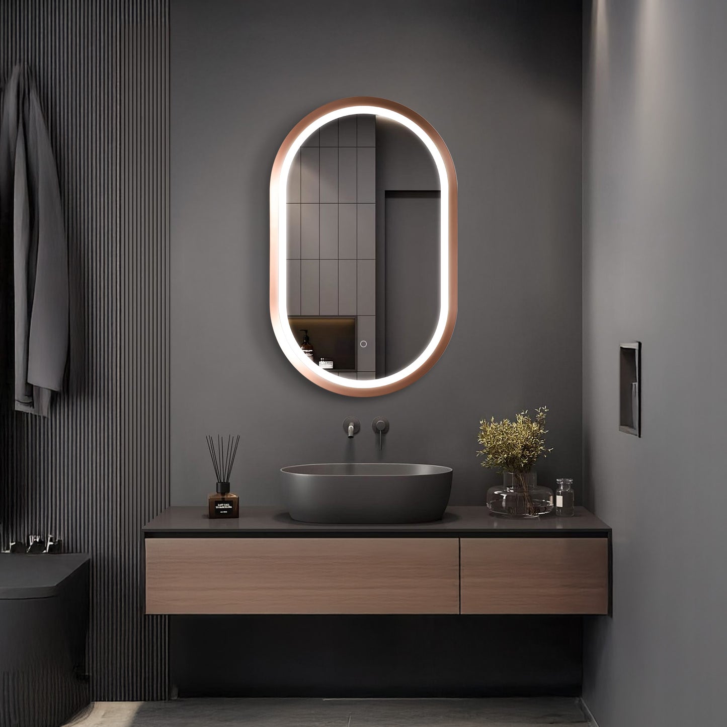 Cacer Oval LED Bathroom Mirror with Lights, Rose Gold Metal Framed LED Mirror for Bathroom, 3 Colors and Stepless Dimmable Flared Frame Bathroom Vanity Mirror, Anti-Fog