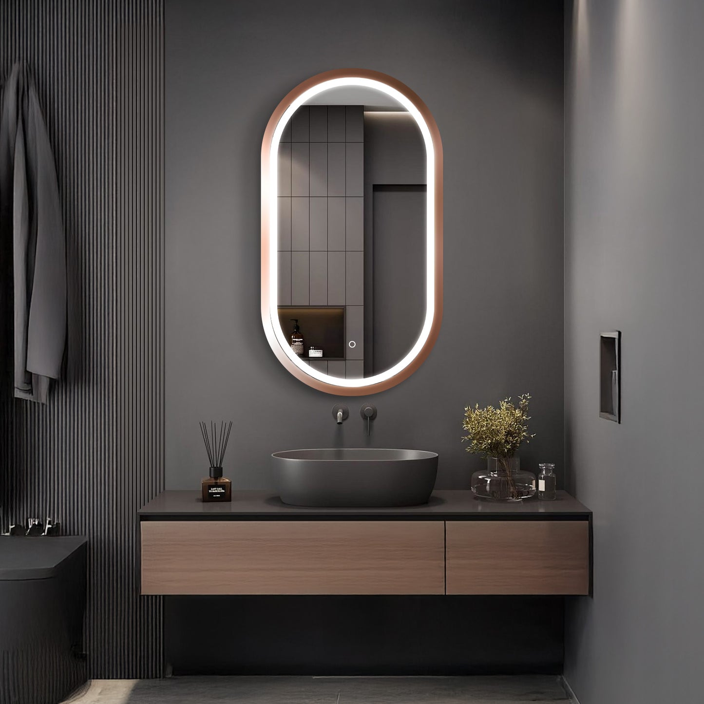 Cacer Oval LED Bathroom Mirror with Lights, Rose Gold Metal Framed LED Mirror for Bathroom, 3 Colors and Stepless Dimmable Flared Frame Bathroom Vanity Mirror, Anti-Fog