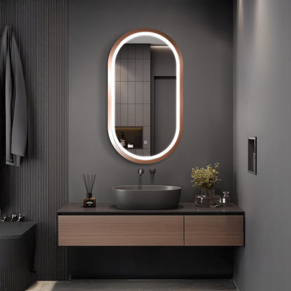 Cacer Oval LED Bathroom Mirror with Lights, Rose Gold Metal Framed LED Mirror for Bathroom, 3 Colors and Stepless Dimmable Flared Frame Bathroom Vanity Mirror, Anti-Fog