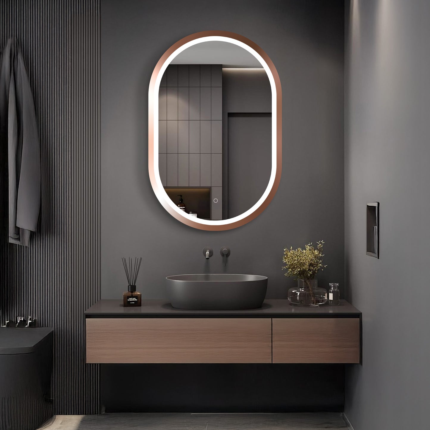 Cacer Oval LED Bathroom Mirror with Lights, Rose Gold Metal Framed LED Mirror for Bathroom, 3 Colors and Stepless Dimmable Flared Frame Bathroom Vanity Mirror, Anti-Fog