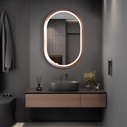 Cacer Oval LED Bathroom Mirror with Lights, Rose Gold Metal Framed LED Mirror for Bathroom, 3 Colors and Stepless Dimmable Flared Frame Bathroom Vanity Mirror, Anti-Fog