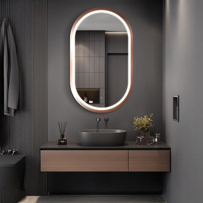 Cacer Oval LED Bathroom Mirror with Lights, Rose Gold Metal Framed LED Mirror for Bathroom, 3 Colors and Stepless Dimmable Flared Frame Bathroom Vanity Mirror, Anti-Fog