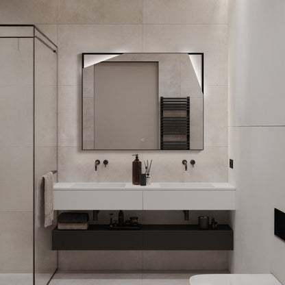 WhimsMirror LED Lighted Mirror with Touch Switch, Irregular Cutout Design, Modern Rectangular LED Bathroom Mirror, Matte Black