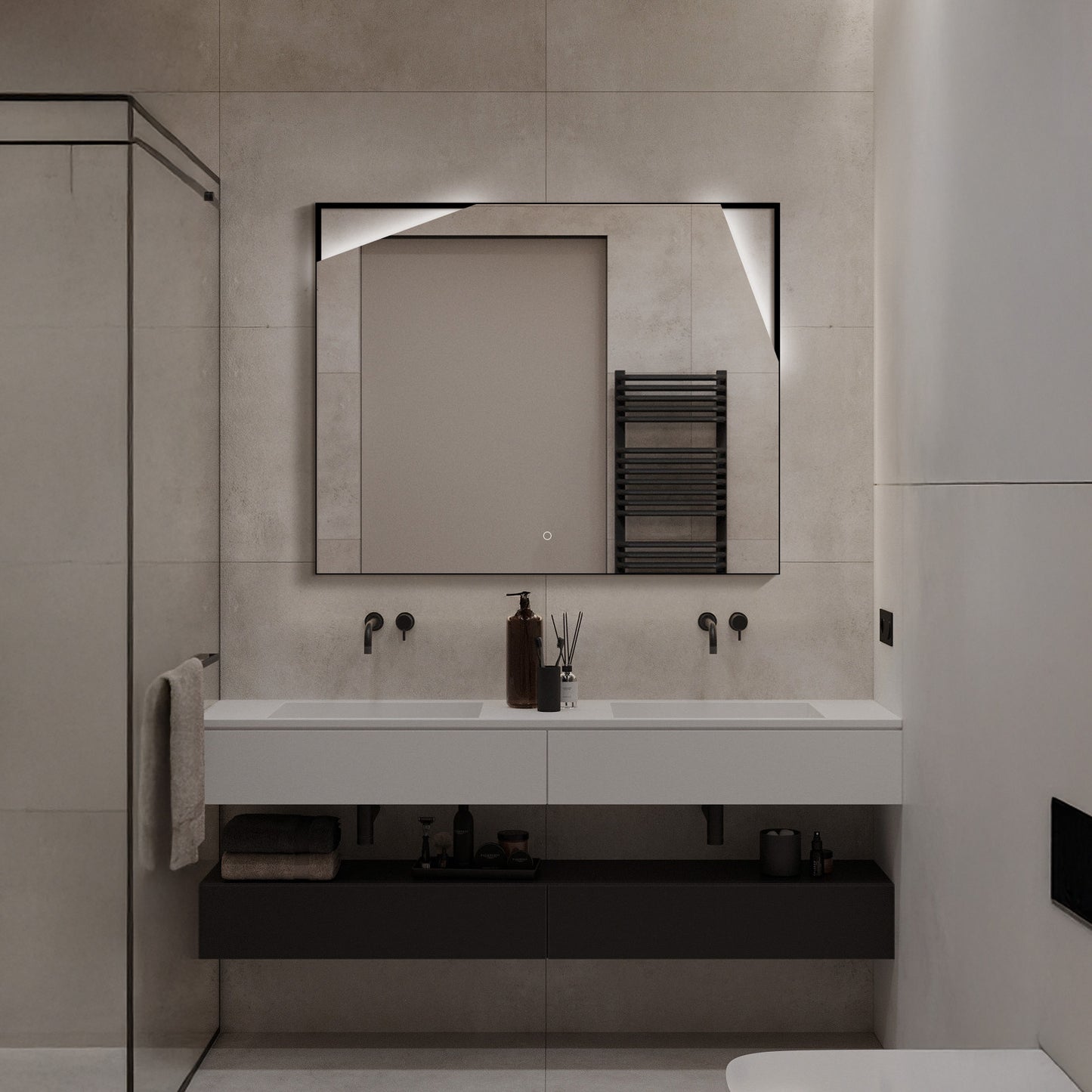 WhimsMirror LED Lighted Mirror with Touch Switch, Irregular Cutout Design, Modern Rectangular LED Bathroom Mirror, Matte Black