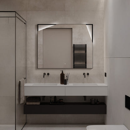 WhimsMirror LED Lighted Mirror with Touch Switch, Irregular Cutout Design, Modern Rectangular LED Bathroom Mirror, Matte Black